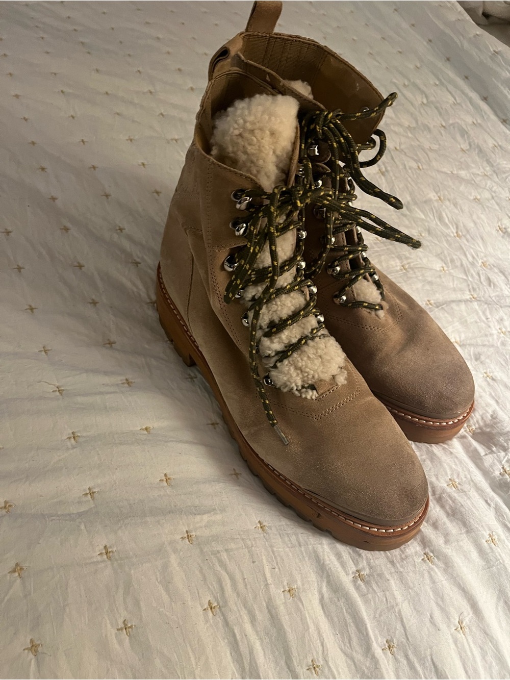 Marc Fisher Taupe Suede Lace-Up Shearling Boots